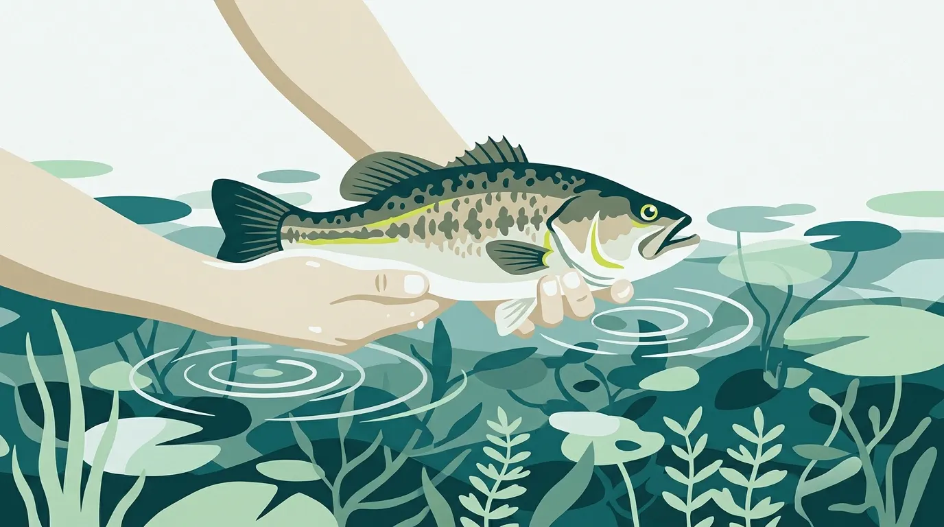 Hands gently holding a largemouth bass over a weedy pond