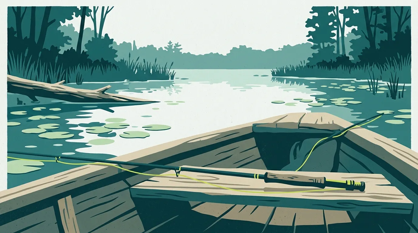 Heavy fly rod across a rowboat seat on a bass pond at dawn