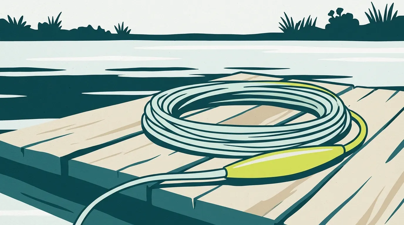 Thick bass-bug taper floating line coiled on a dock