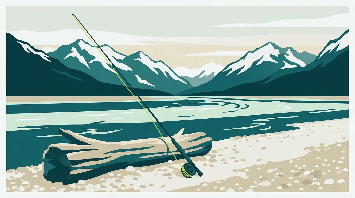 Heavy fly rod leaning on driftwood beside a big salmon river