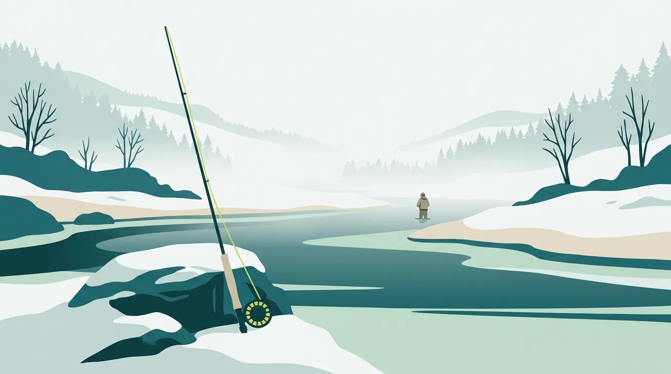 Two-handed rod against a snowy rock beside a winter steelhead river