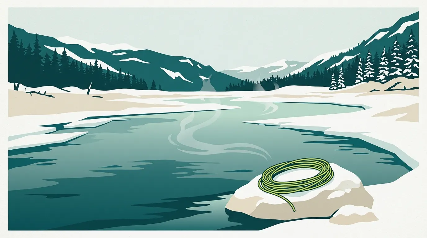 Heavy sinking line coiled on a snowy rock beside a cold river