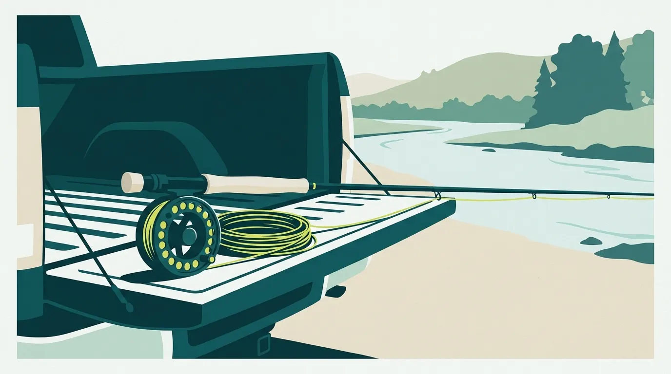 Single-hand rod and big reel on a tailgate near a river