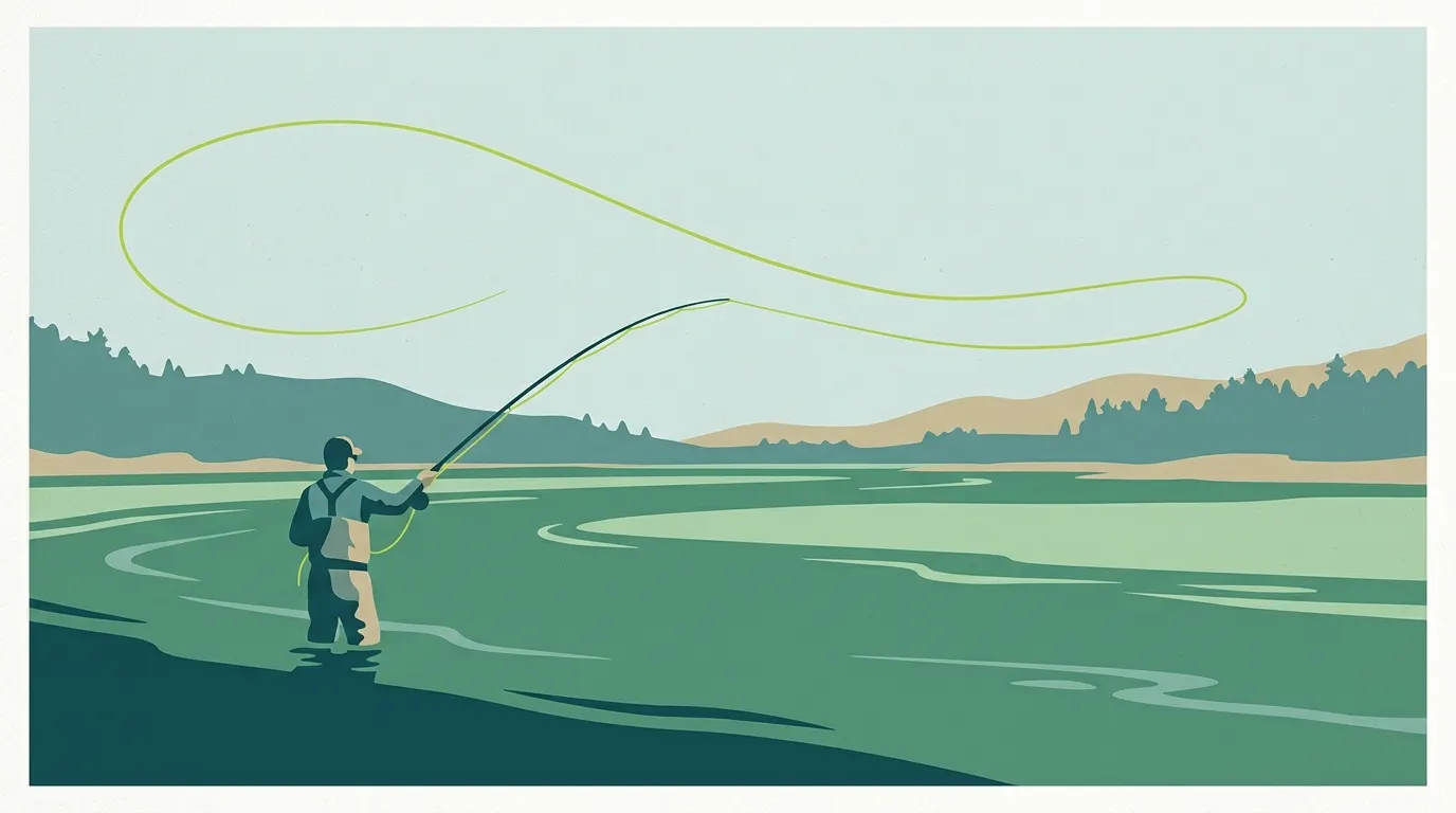 Distant angler making a two-handed cast on a wide river