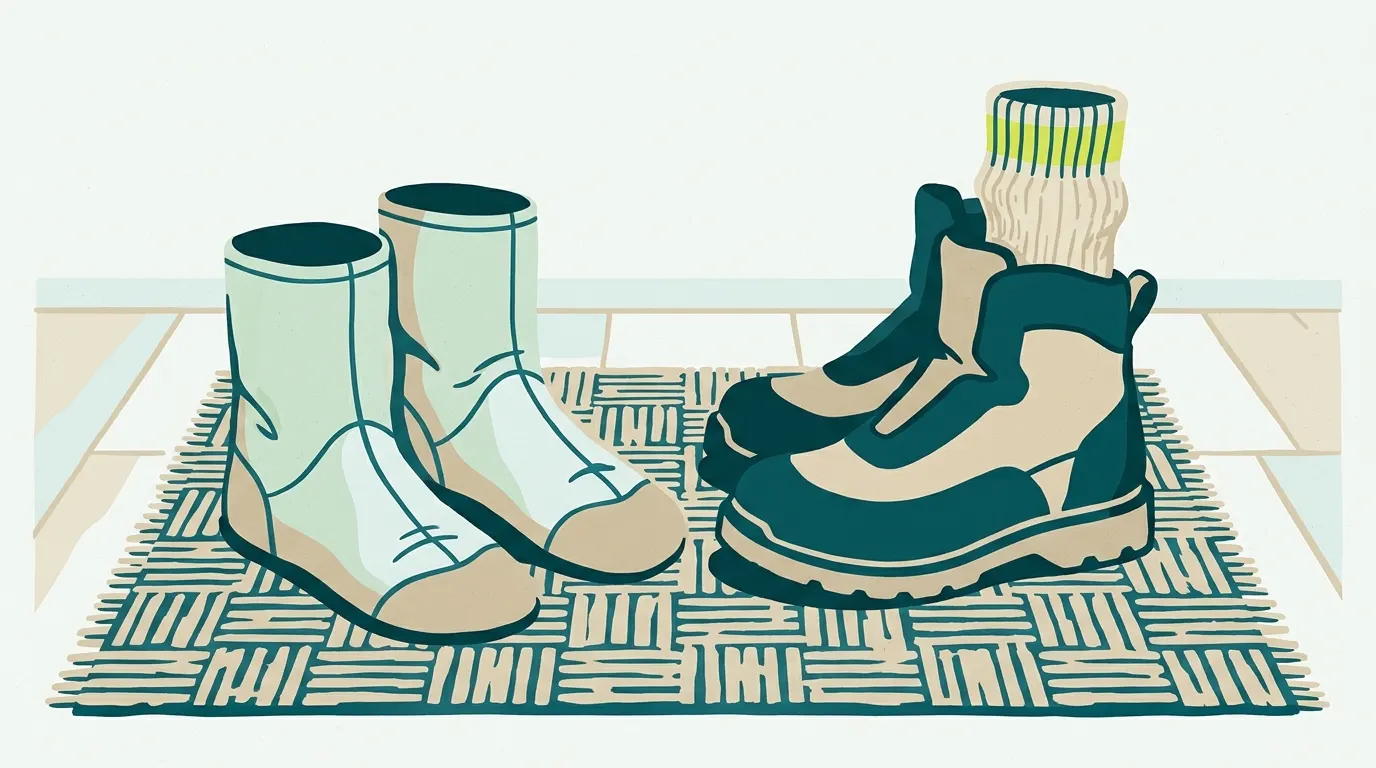 Small wader foot with a thick sock beside a wading boot