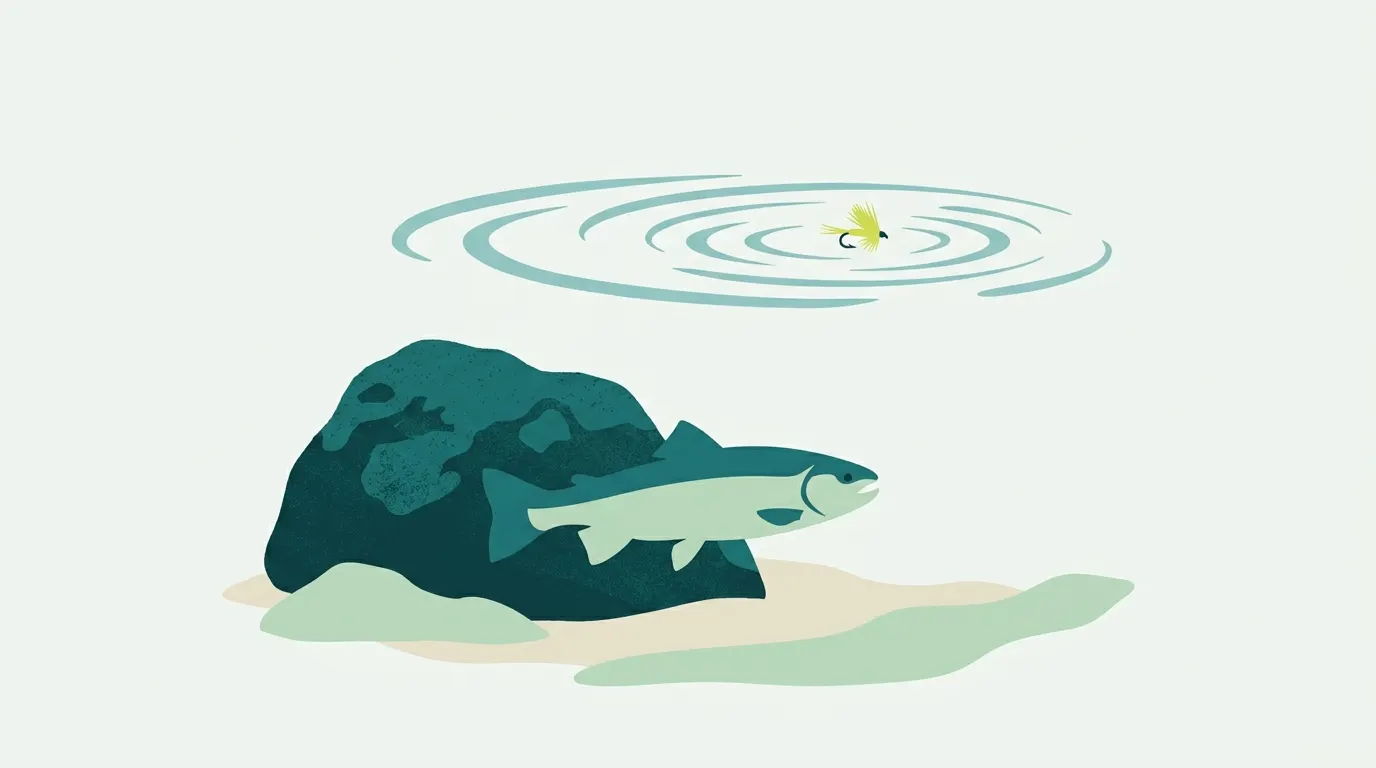 Trout in a cold stream with a fly on the surface
