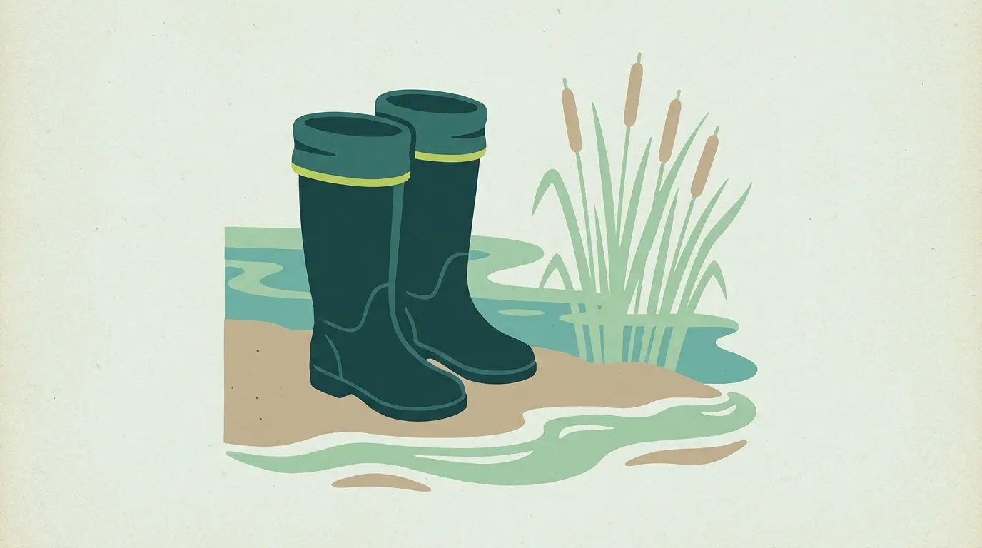 Rubber hip boots on a muddy creek bank