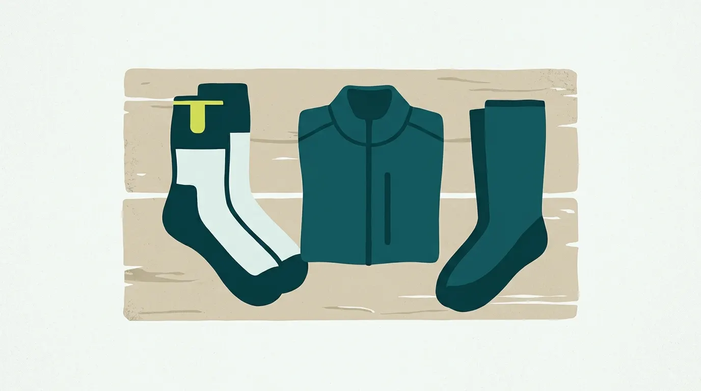 Wool socks and fleece layers laid out for cold water