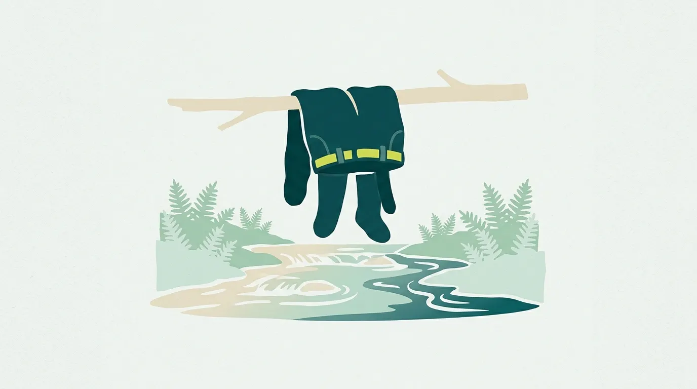 Wading pants hanging above a sunny stream