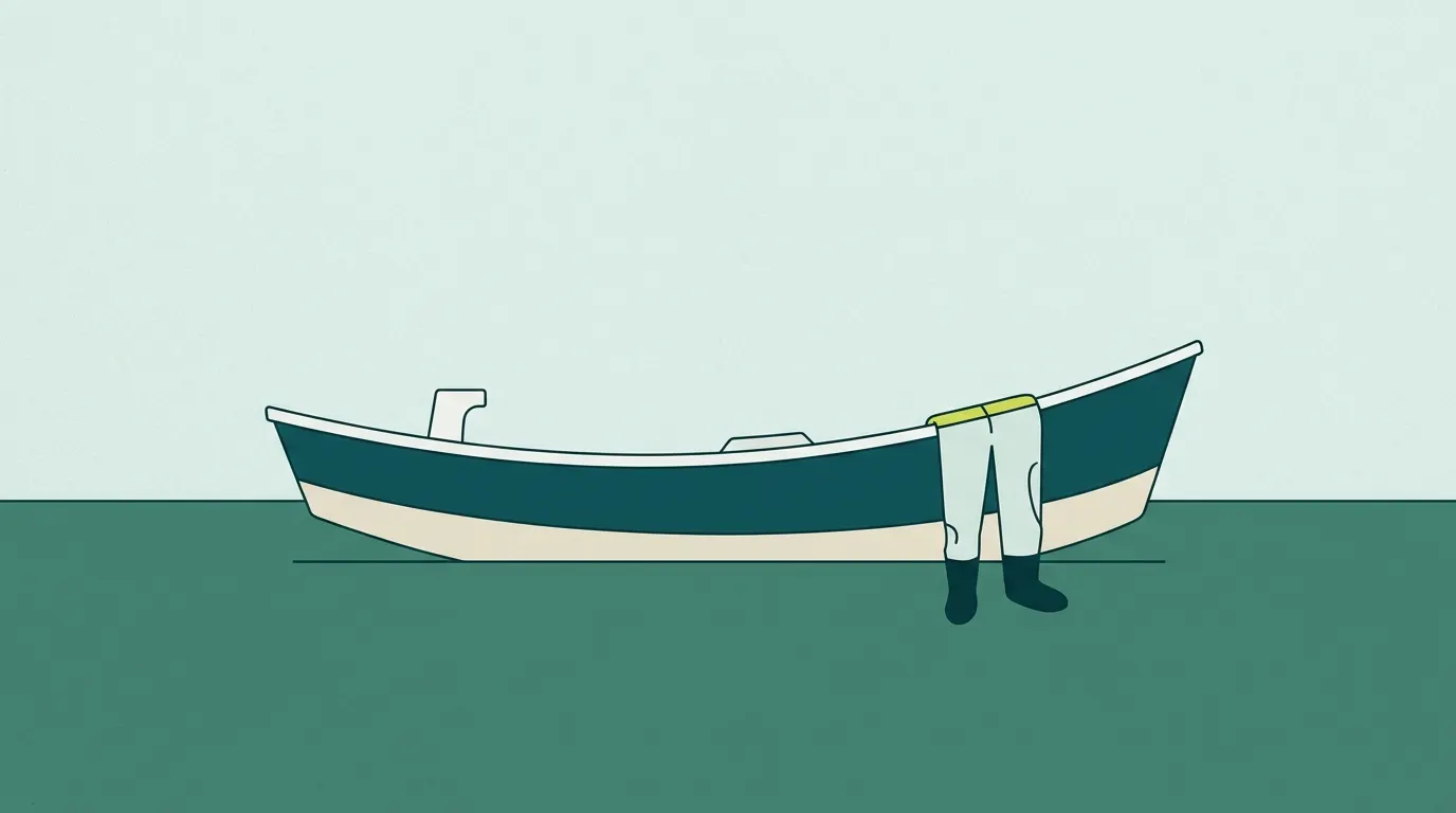 Waist waders draped over a drift boat rail