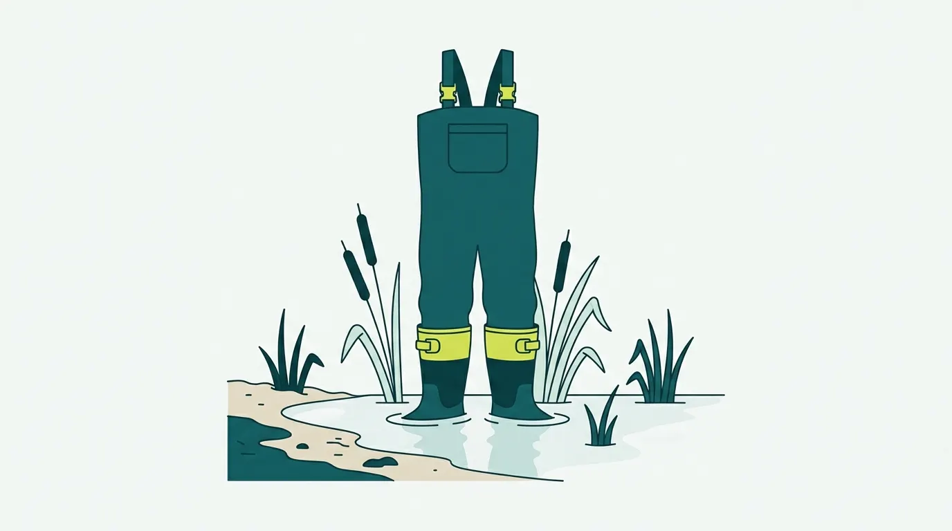 Bootfoot waders standing at a pond edge