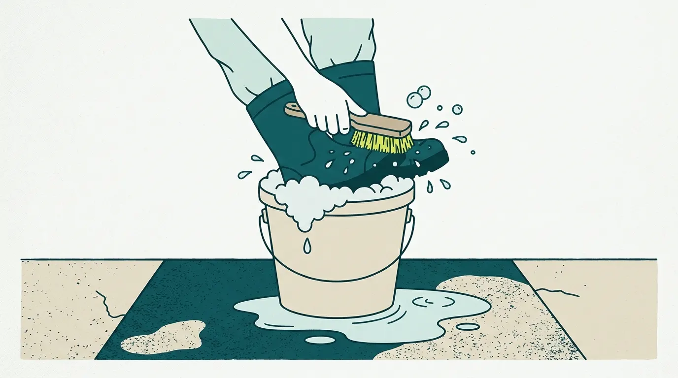Scrubbing wading boots with a brush over a bucket