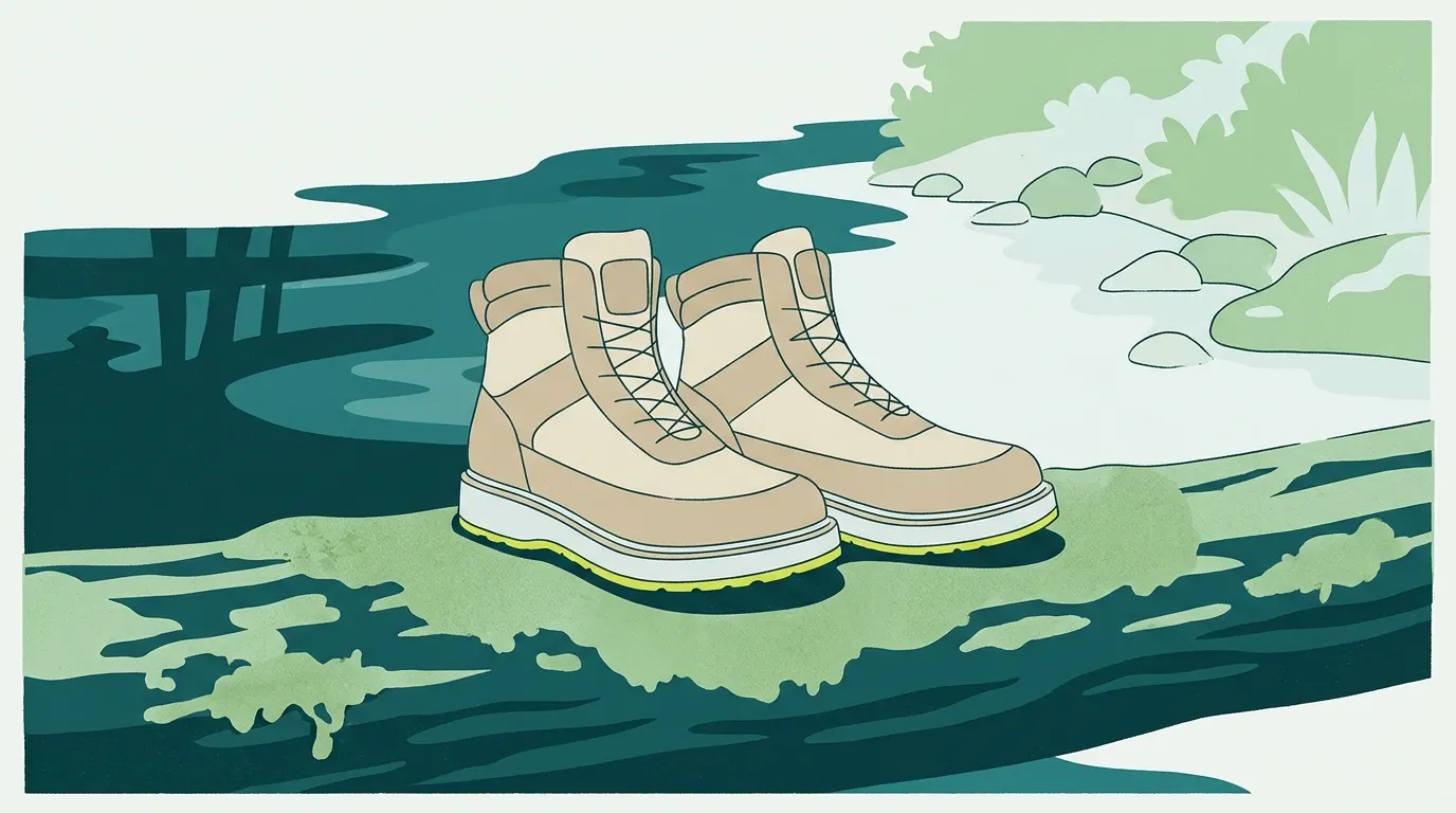 Felt-soled wading boots on a mossy log