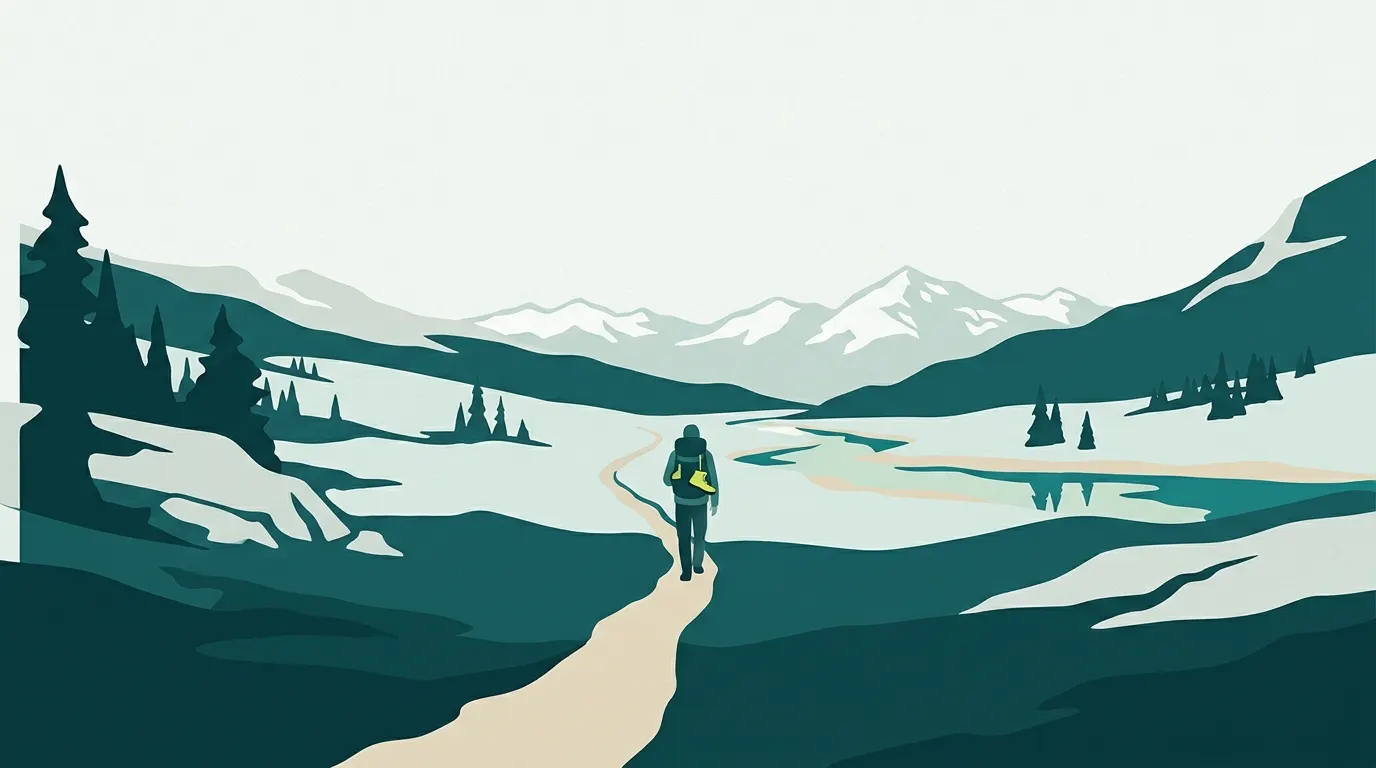 Distant angler hiking a meadow trail to a stream