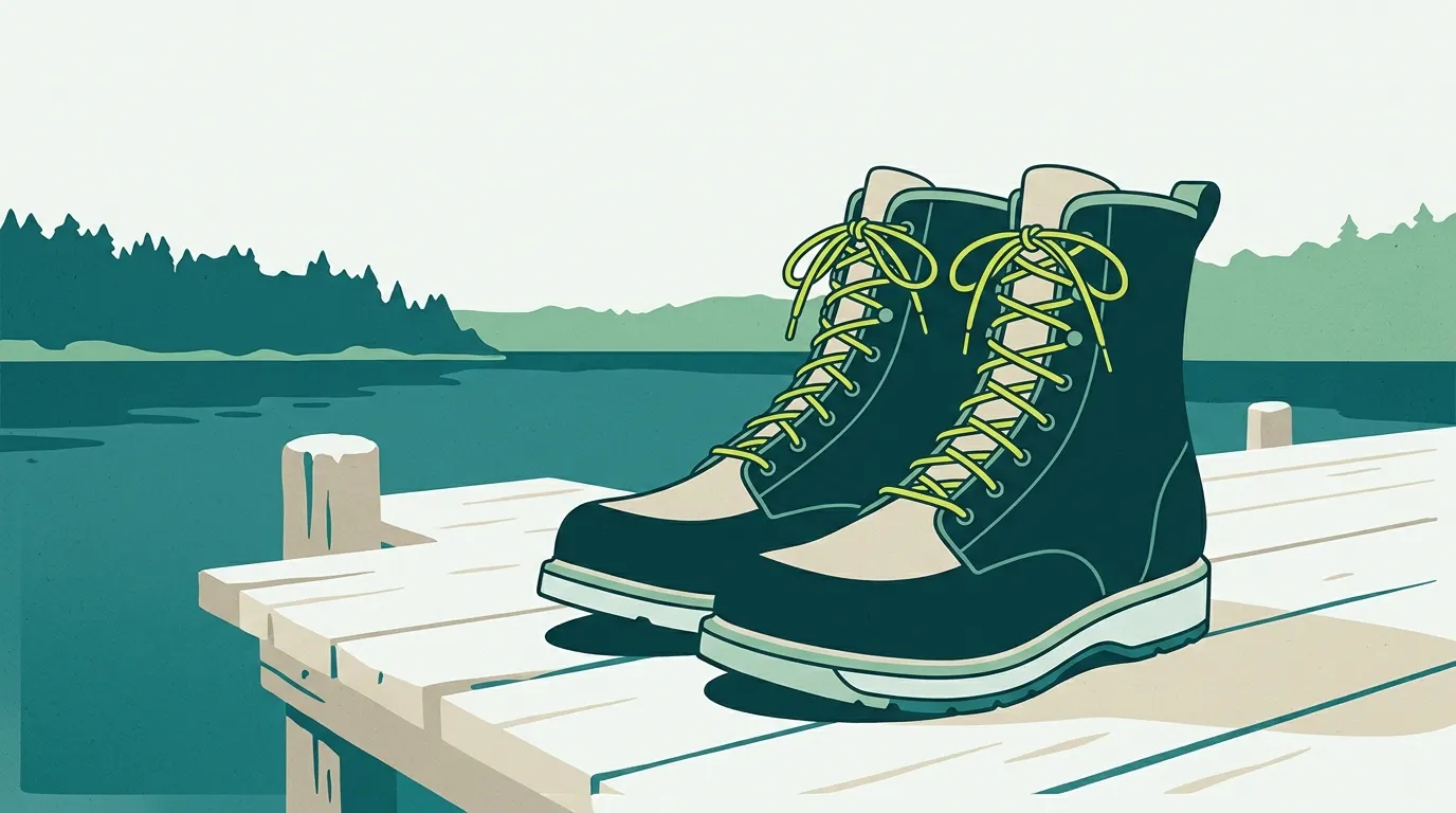 Wading boots on a wooden dock at a calm lake